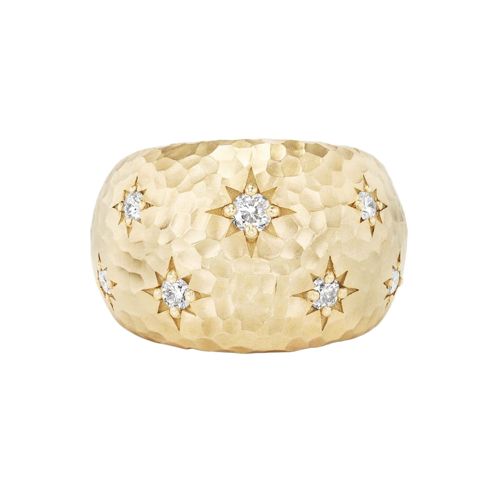 Front view of L Estel Ring showcasing hammered 14K yellow gold band with star set white diamonds on a white background