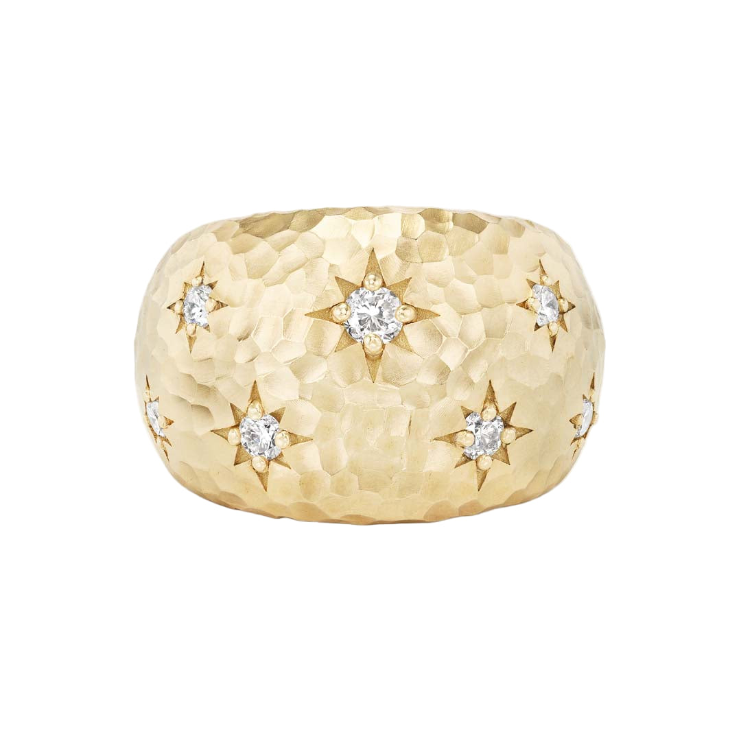 Front view of L Estel Ring showcasing hammered 14K yellow gold band with star set white diamonds on a white background