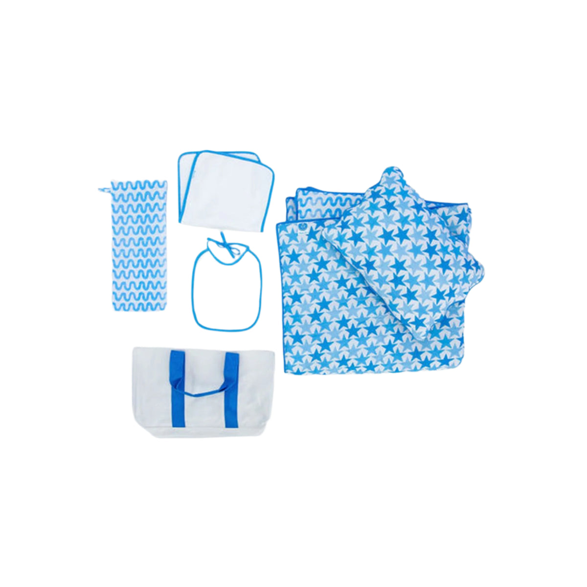 Flat lay of baby bundle showing blue star-print blanket, hooded towel, bib, washcloth, and white tote on white background