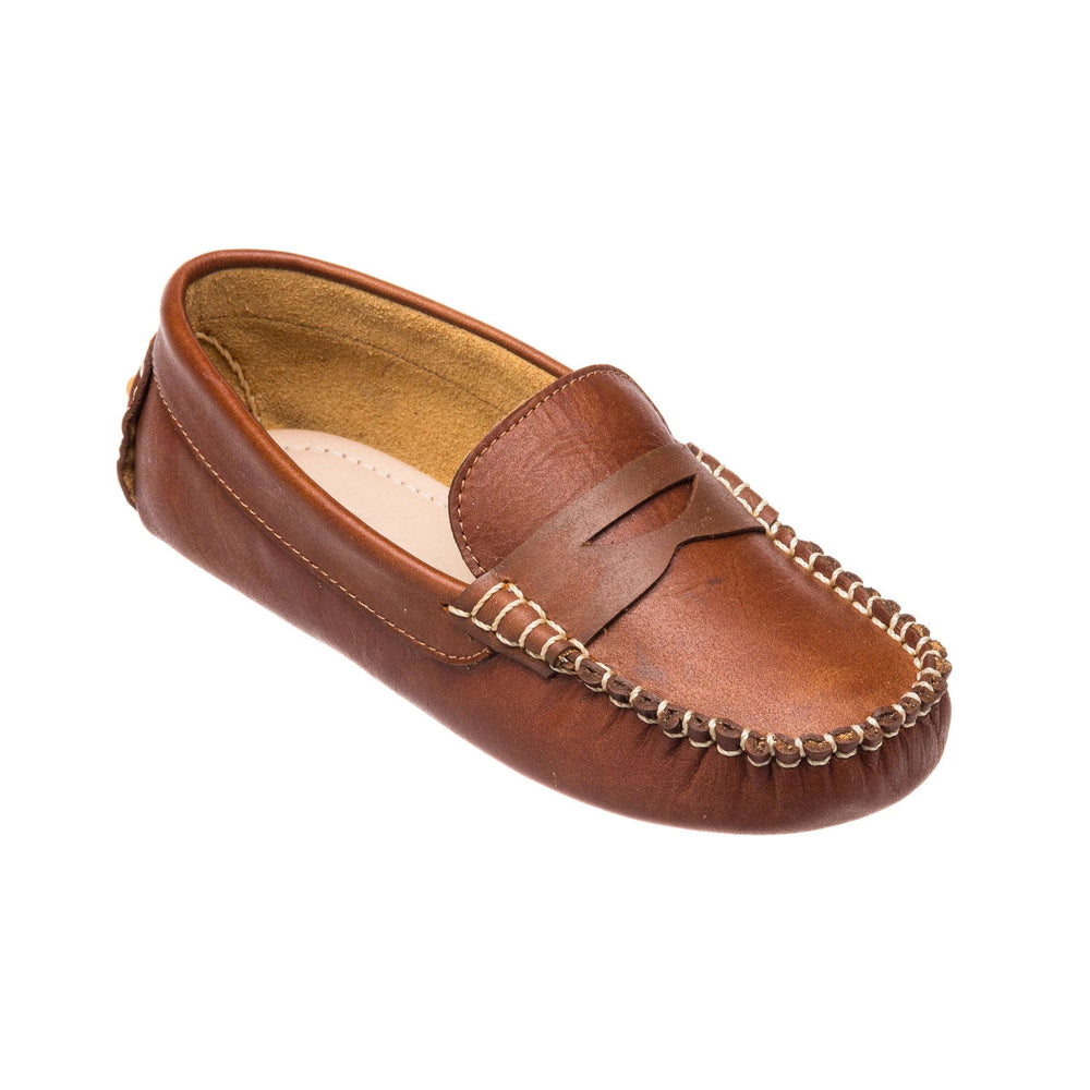 Three-quarter view of Logan Loafers Natural Brown showcasing contrasting hand-made stitching and slip-on design on a white background