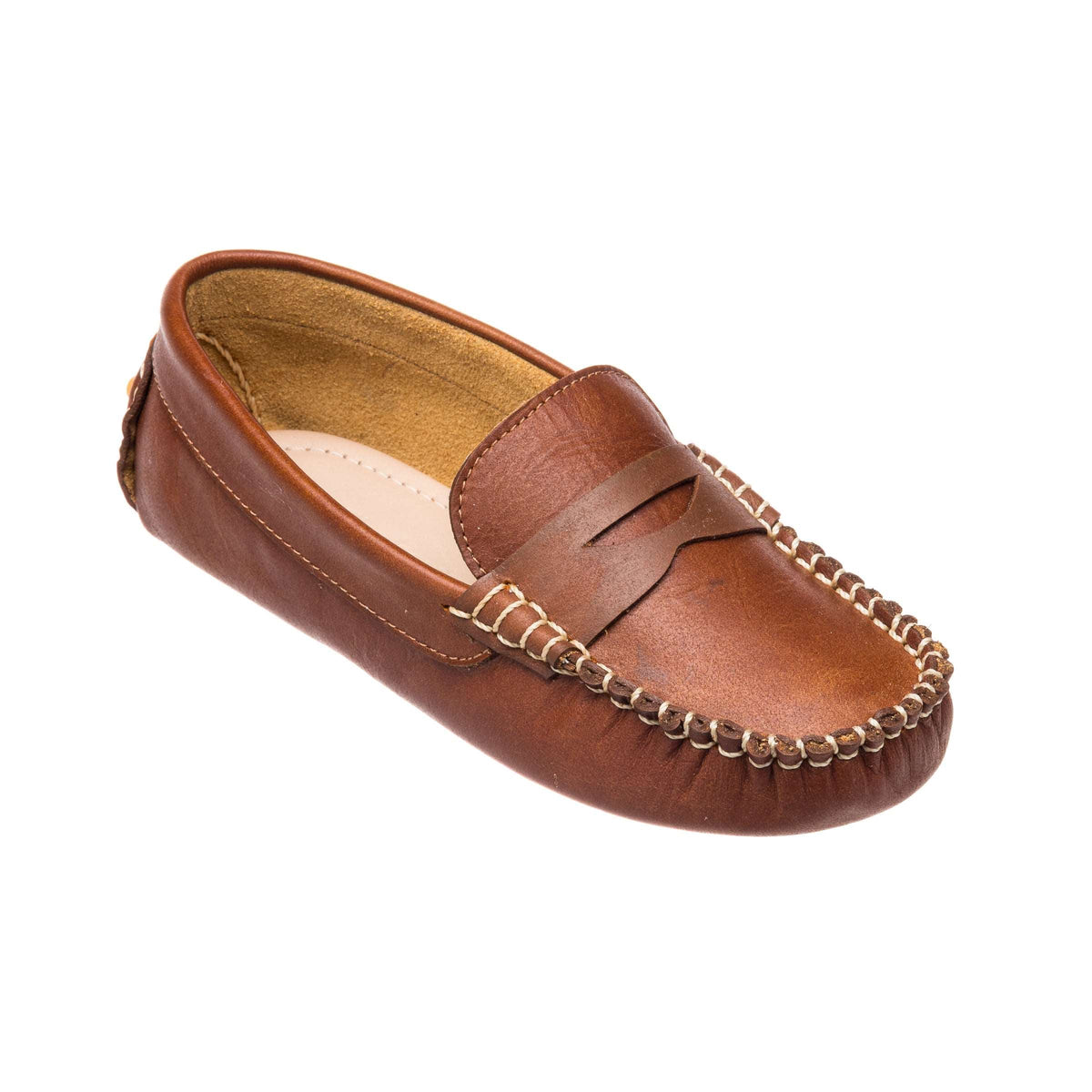 Three-quarter view of Logan Loafers Natural Brown showcasing contrasting hand-made stitching and slip-on design on a white background