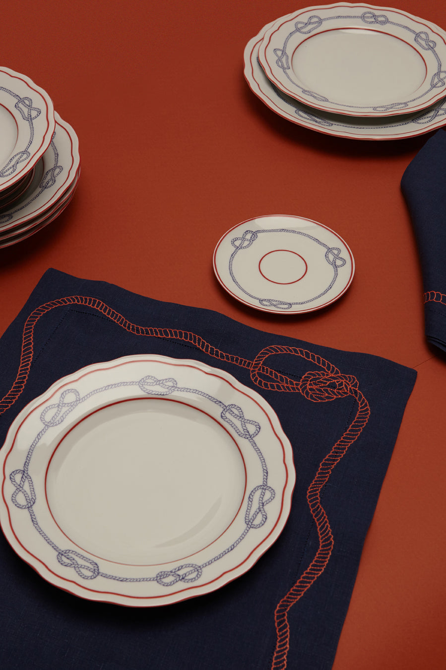 Bowline Linen Placemat in Navy with Blood Orange