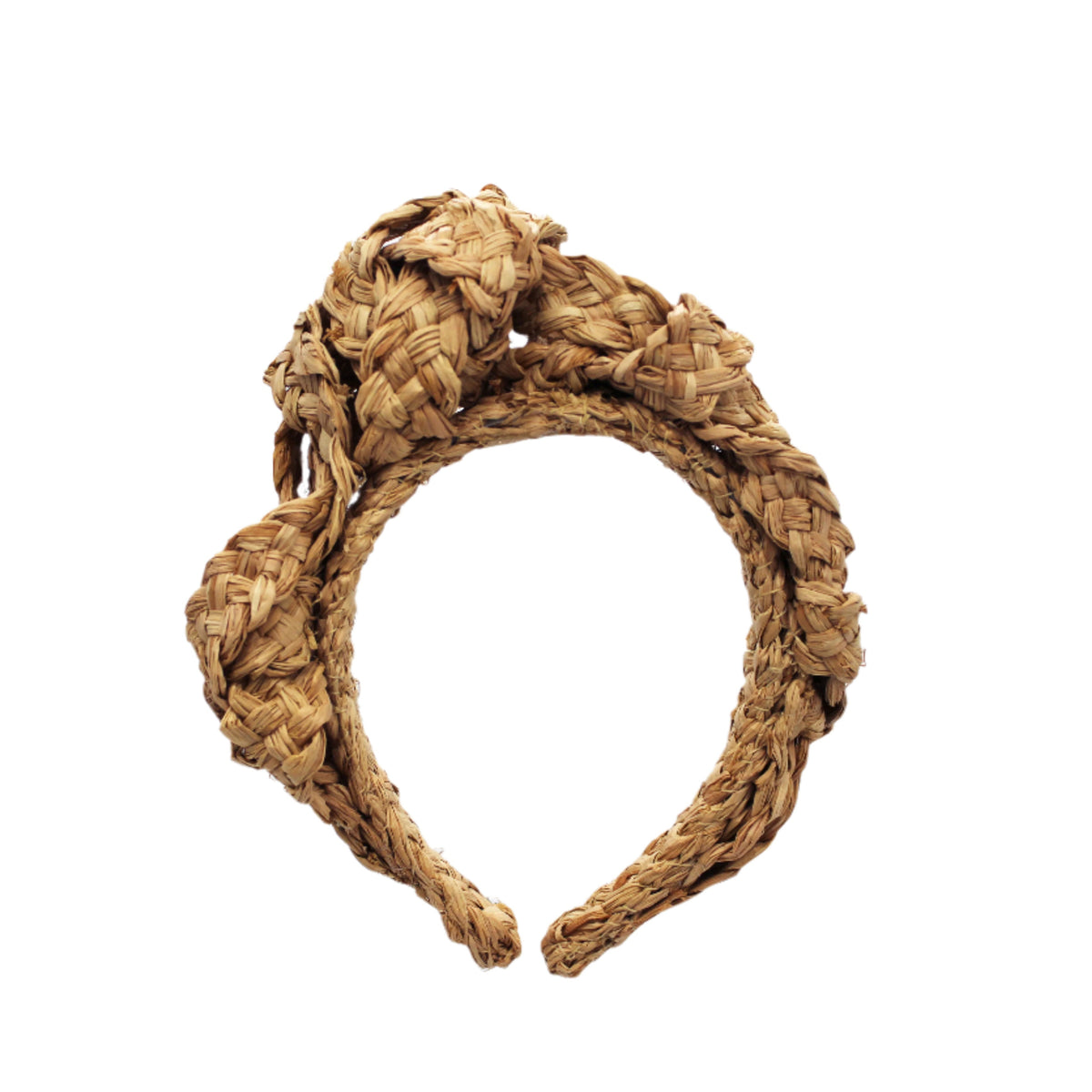 Close-up front view of Mooring Headband showcasing braided raffia twists with a white background