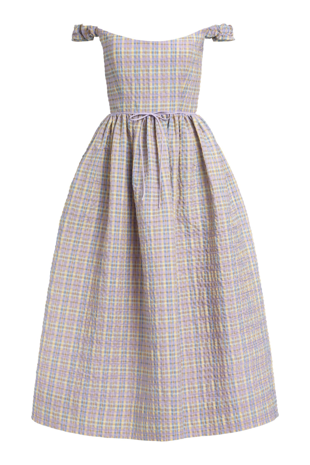 Front view of Ginger Pastel Plaid Midi Dress showcasing an off-the-shoulder corset bodice, waist bow, and full skirt