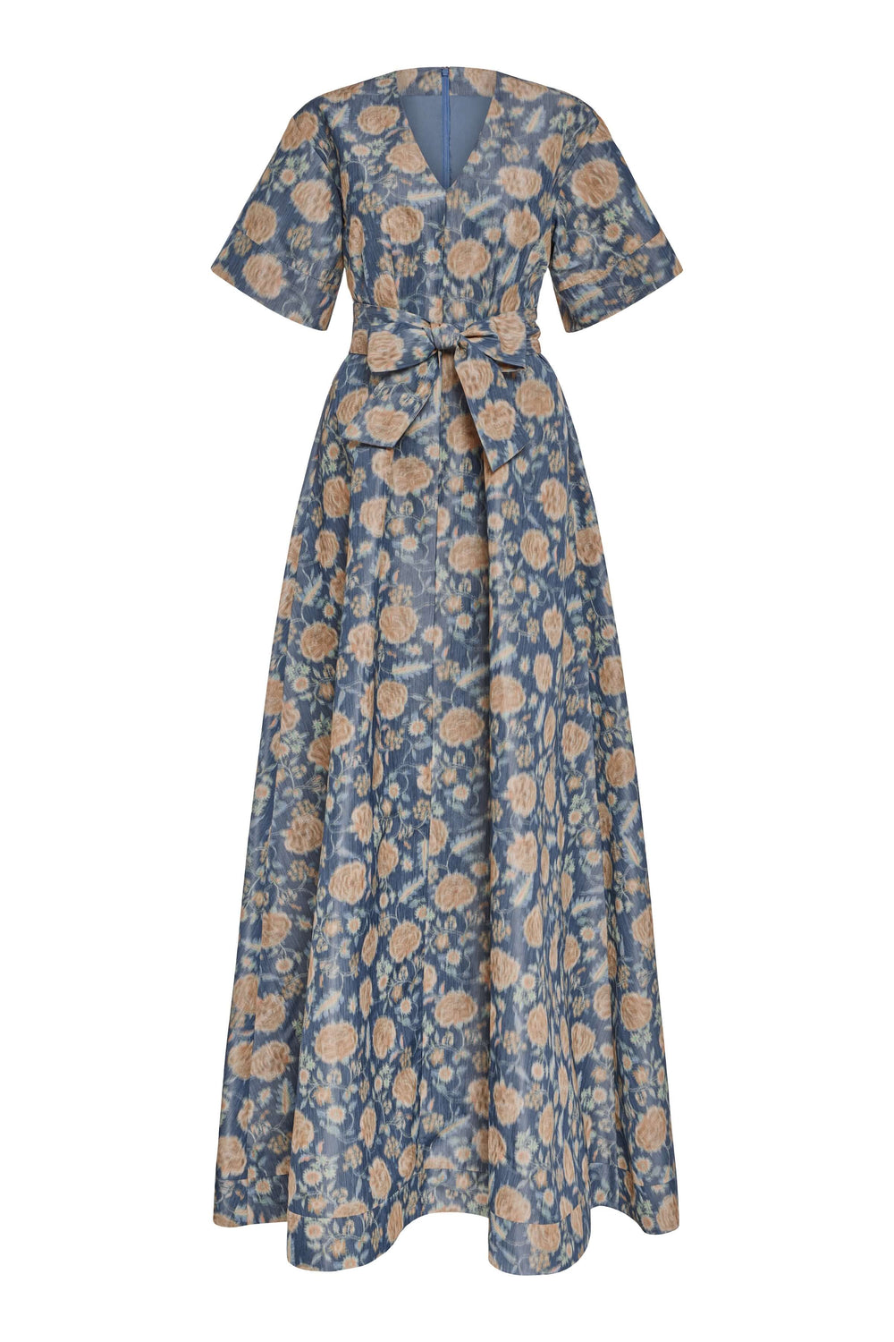 Front view of Margaretta Dusk Marigold Ikat Gown showcasing V-neck, wide sleeves, and self-tie belt on white background