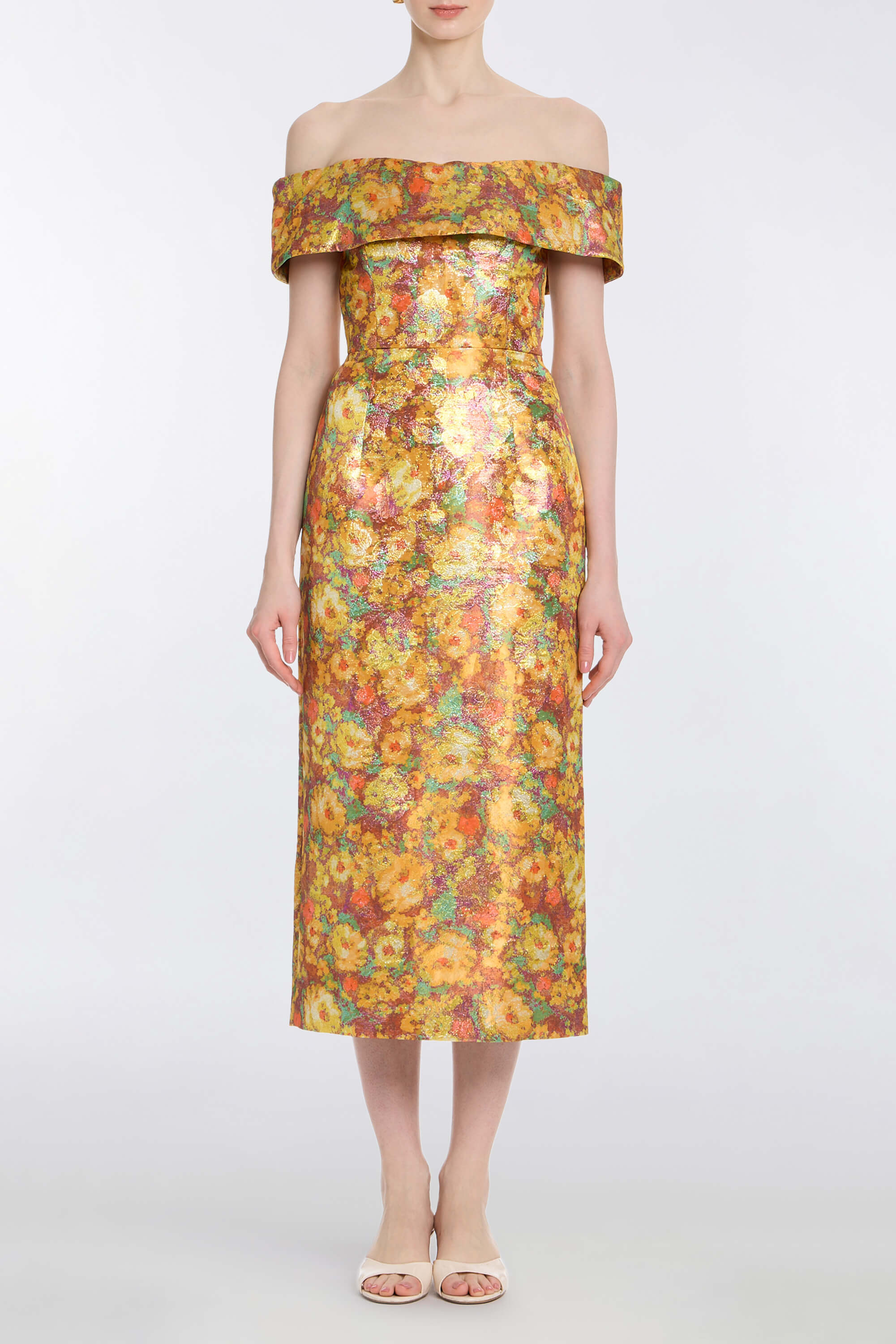 Gloria Golden Metallic Floral Brocade Midi Dress