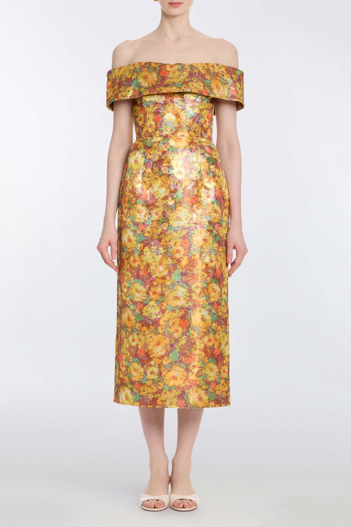 Gloria Golden Metallic Floral Brocade Midi Dress