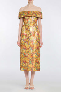 Gloria Golden Metallic Floral Brocade Midi Dress