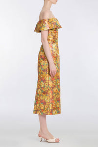 Gloria Golden Metallic Floral Brocade Midi Dress