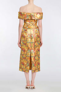 Gloria Golden Metallic Floral Brocade Midi Dress