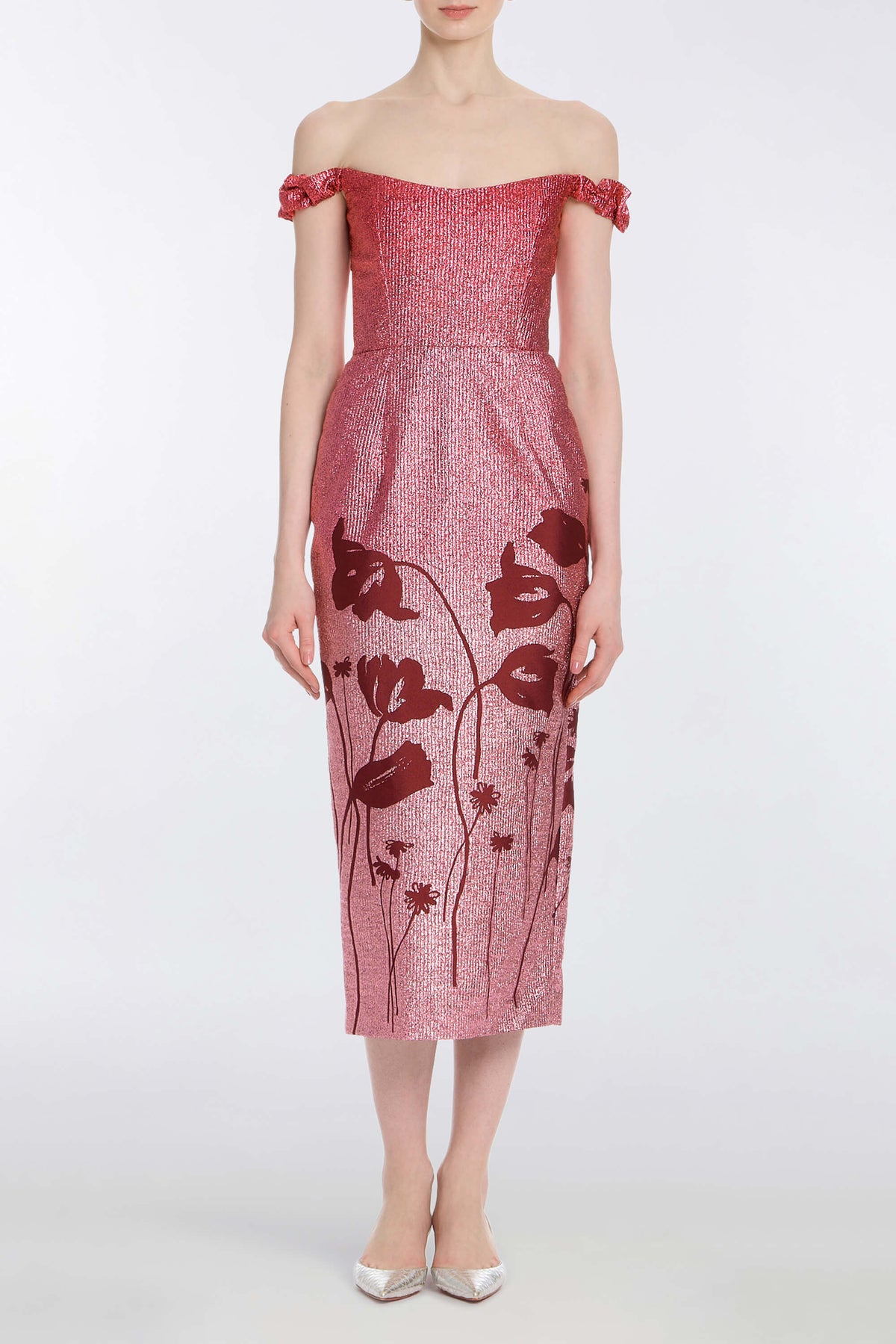 Amina Metallic Pink Floral Ombre Midi Dress