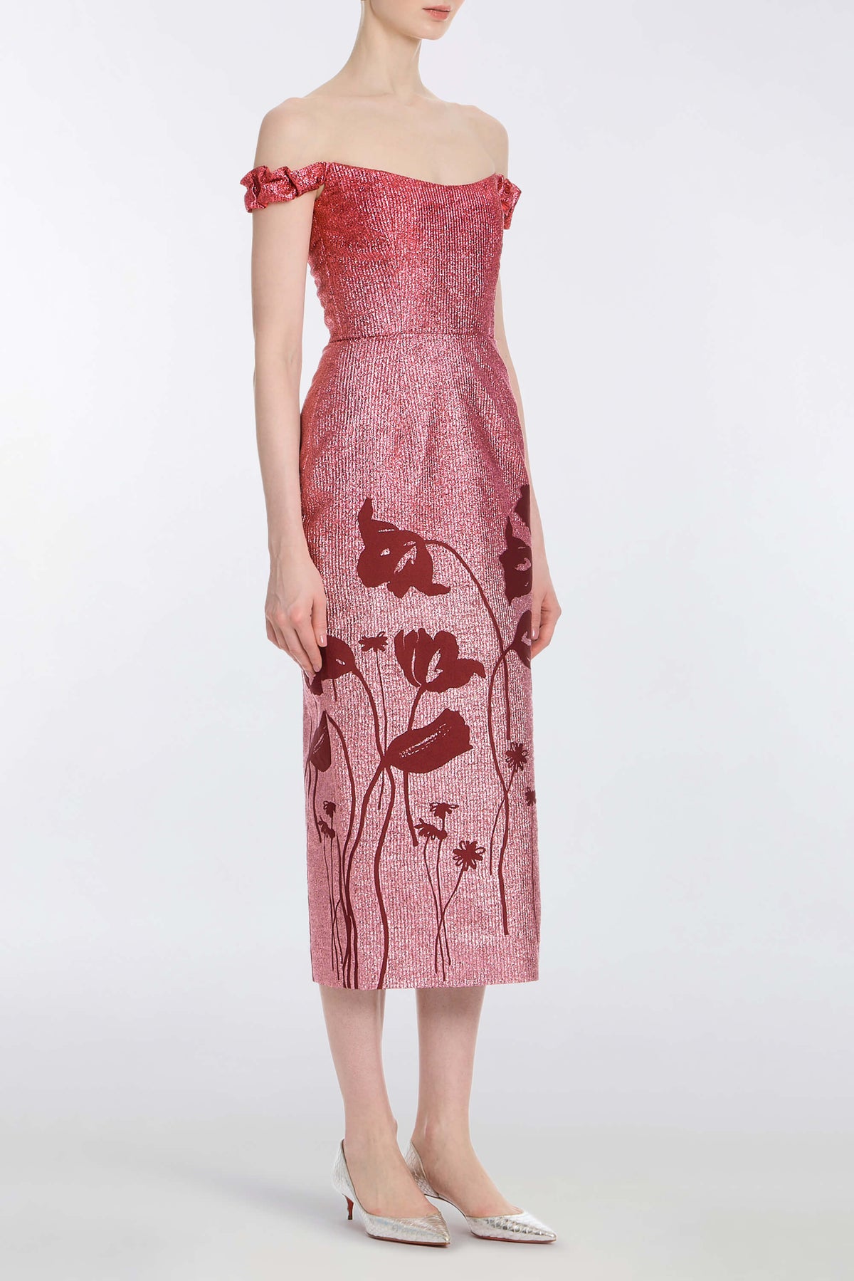 Amina Metallic Pink Floral Ombre Midi Dress
