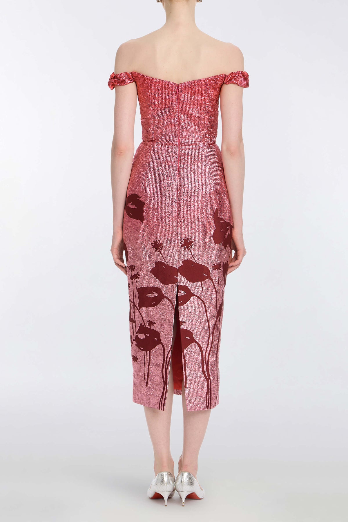 Amina Metallic Pink Floral Ombre Midi Dress