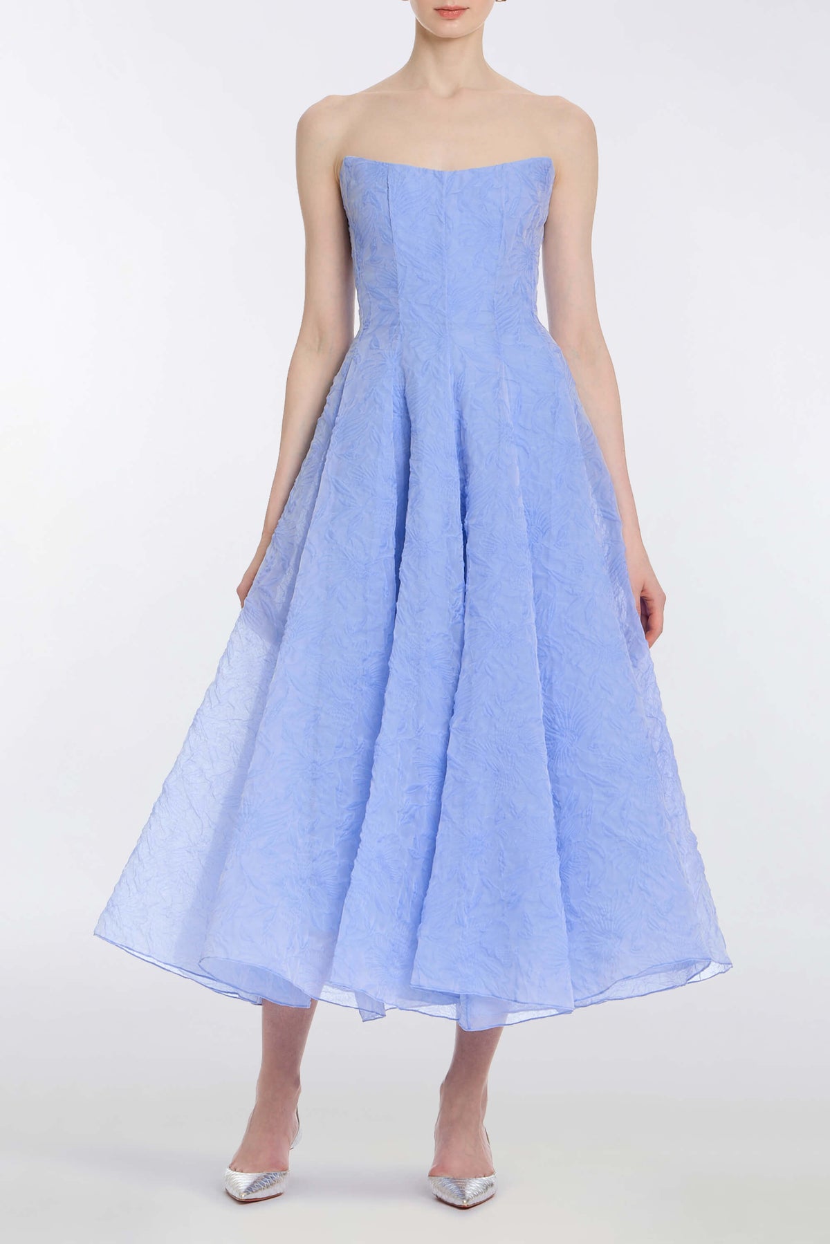 Rousseau Powder Blue Floral Cloque Midi Dress