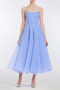 Rousseau Powder Blue Floral Cloque Midi Dress