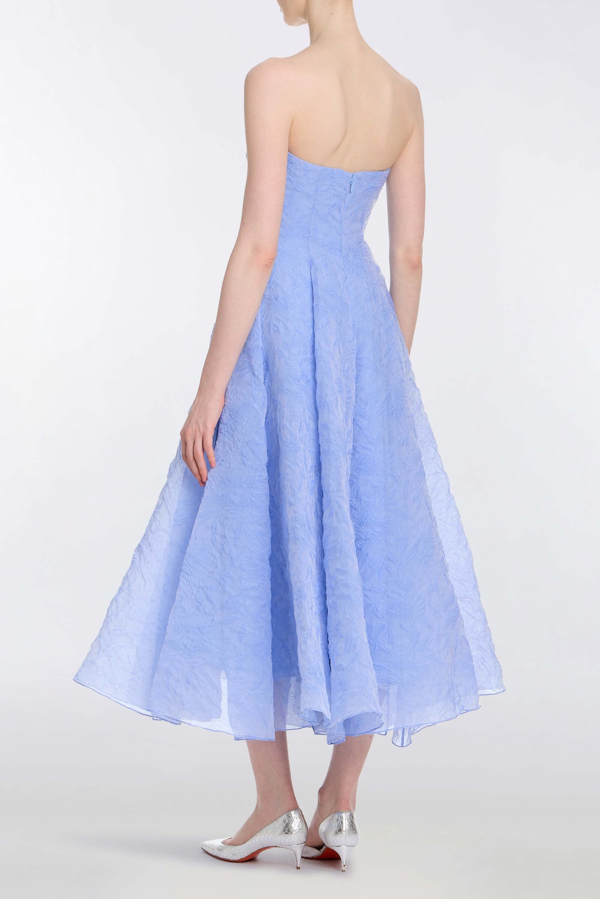 Rousseau Powder Blue Floral Cloque Midi Dress