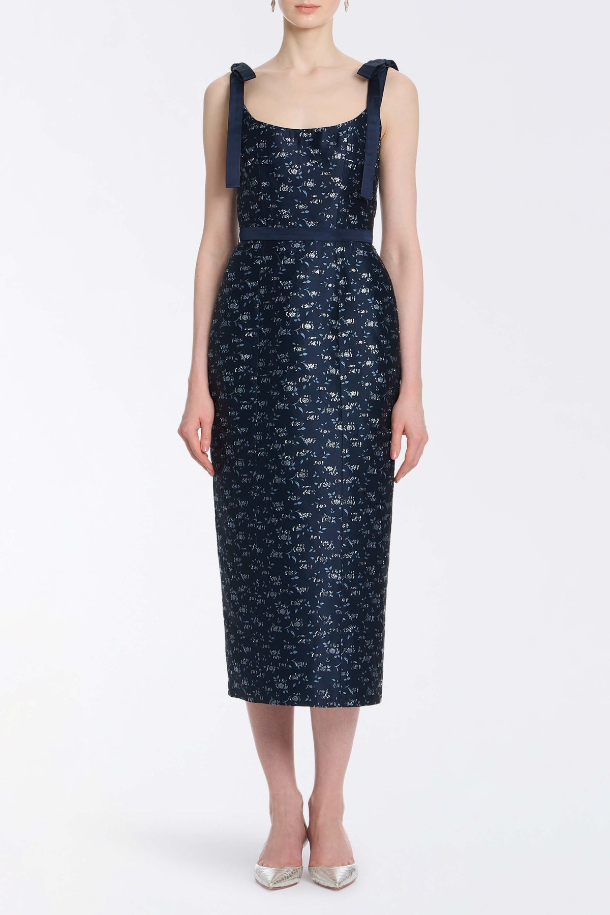 Acacia Navy Floral Brocade Corset Midi Dress