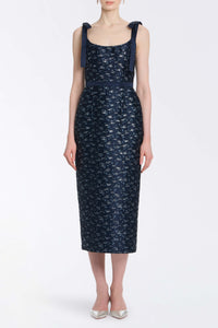 Acacia Navy Floral Brocade Corset Midi Dress