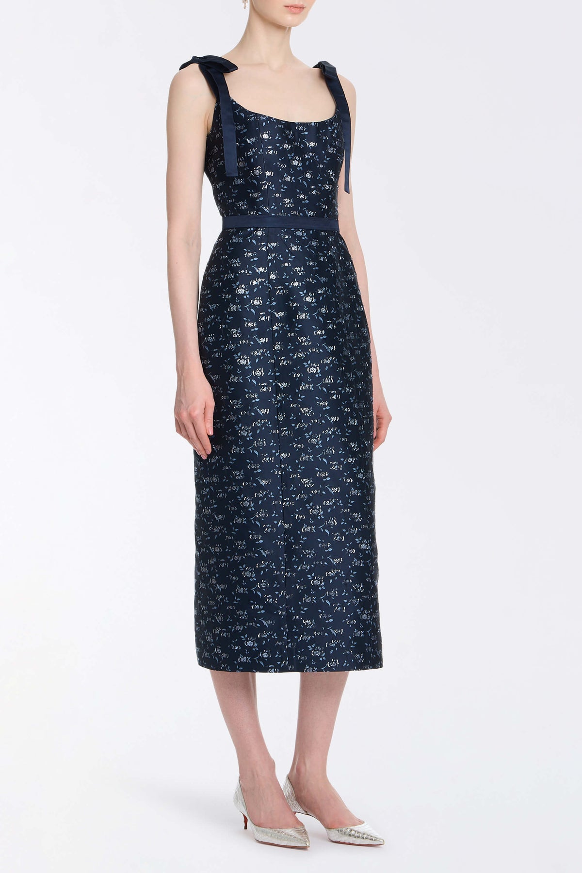 Acacia Navy Floral Brocade Corset Midi Dress