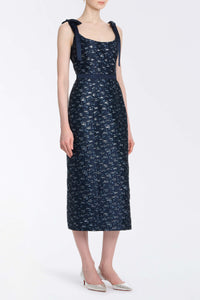 Acacia Navy Floral Brocade Corset Midi Dress