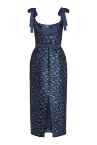 Acacia Navy Floral Brocade Corset Midi Dress