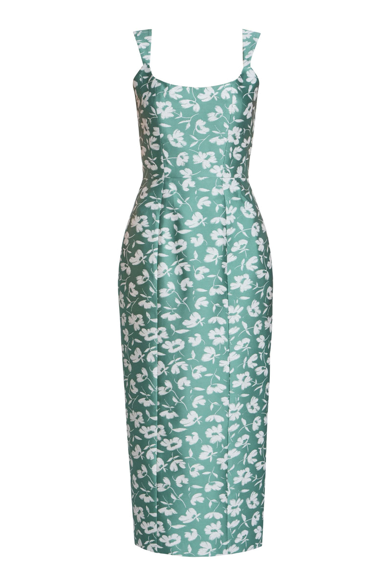 Numa Green and White Floral Brocade Corset Midi Dress