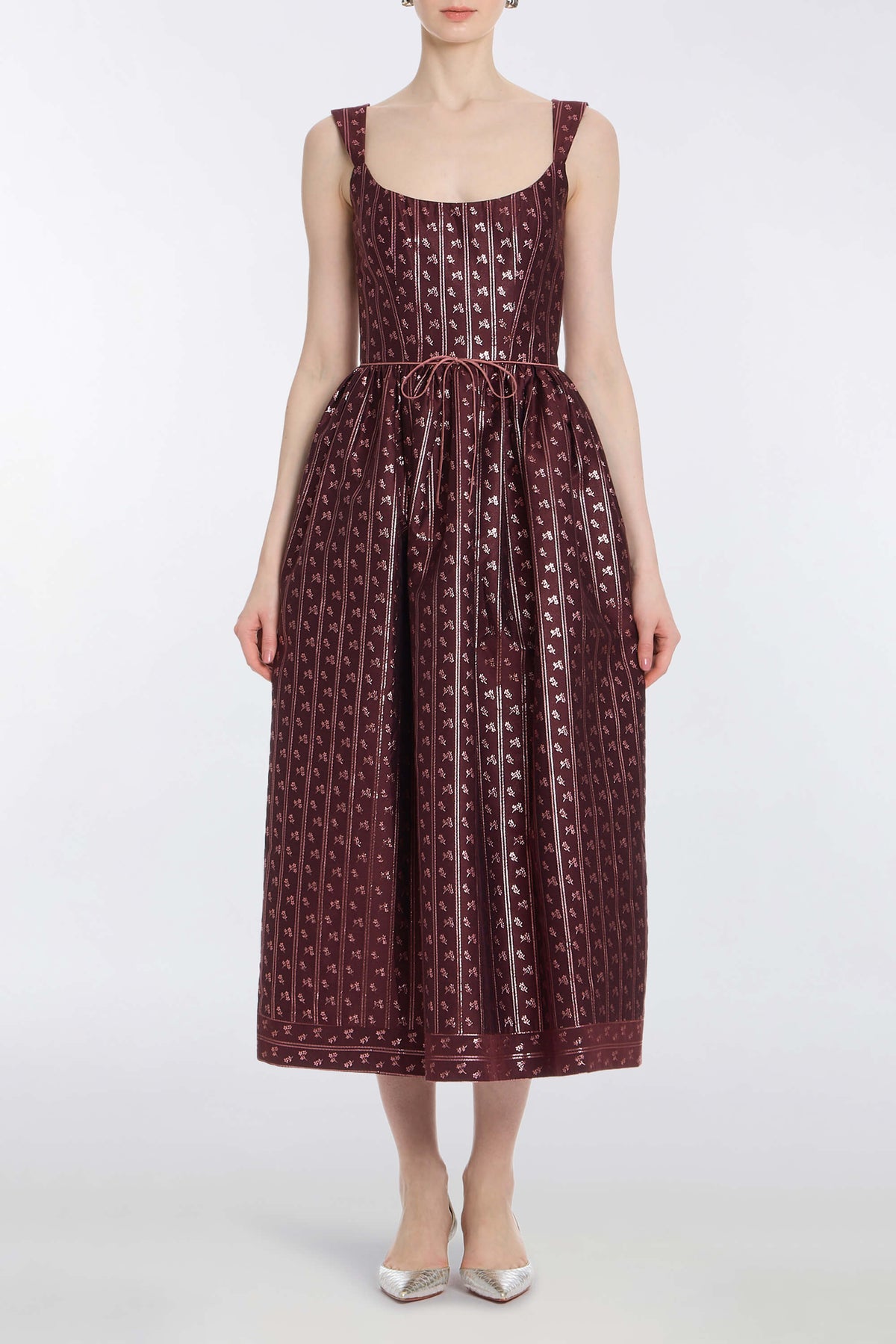 Apple Burgundy Floral Stripe Midi Dress