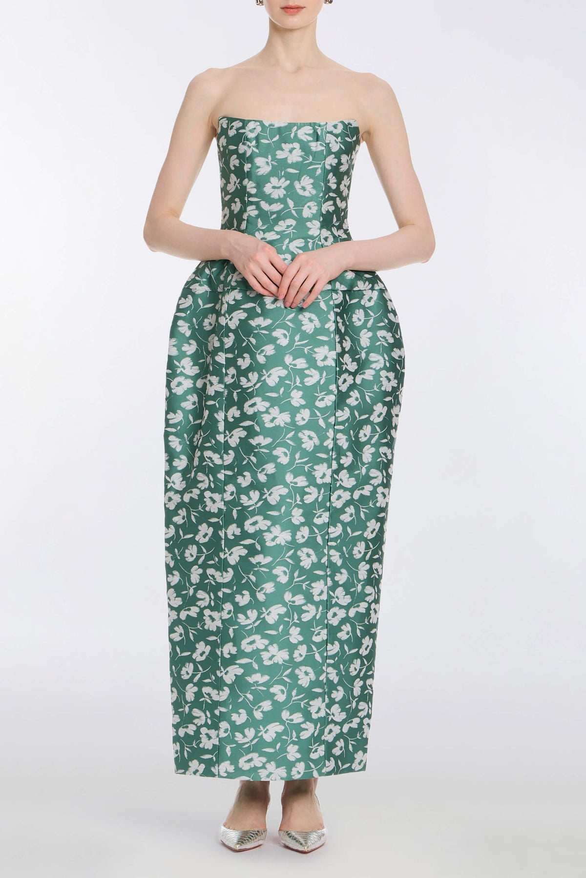 Marianne Green and White Floral Brocade Gown