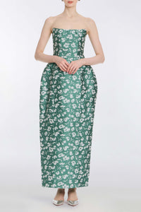 Marianne Green and White Floral Brocade Gown