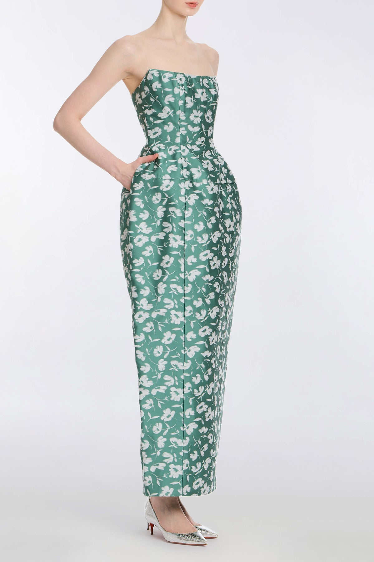 Marianne Green and White Floral Brocade Gown