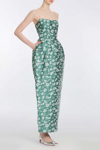 Marianne Green and White Floral Brocade Gown