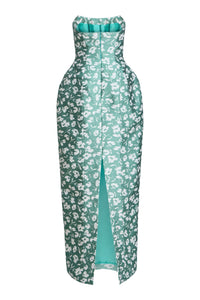 Marianne Green and White Floral Brocade Gown