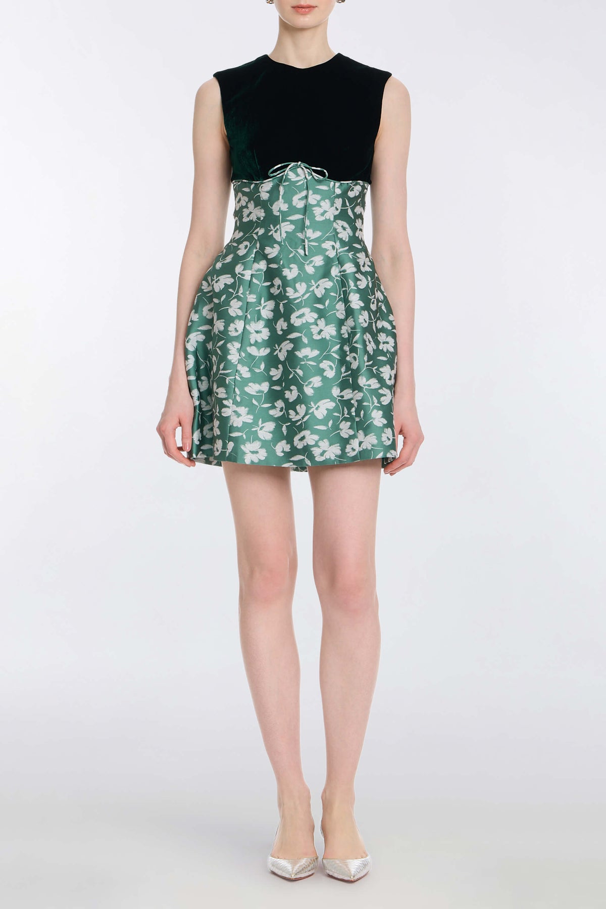 Jolie Green and White Floral Brocade Contrasting Bodice Mini Dress