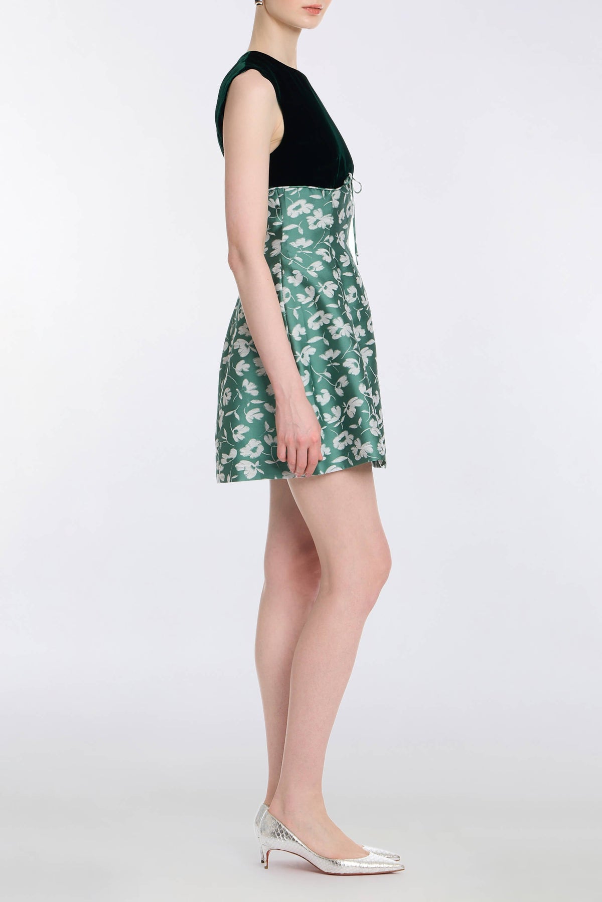Jolie Green and White Floral Brocade Contrasting Bodice Mini Dress
