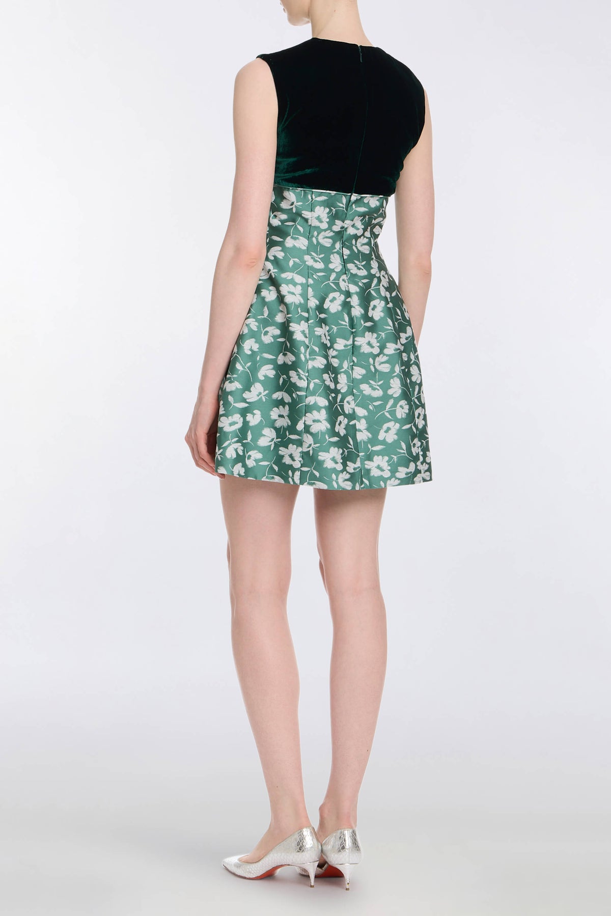 Jolie Green and White Floral Brocade Contrasting Bodice Mini Dress