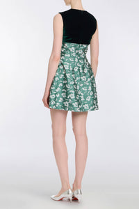 Jolie Green and White Floral Brocade Contrasting Bodice Mini Dress