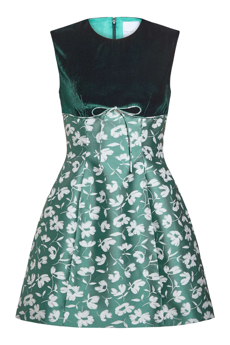Jolie Green and White Floral Brocade Contrasting Bodice Mini Dress