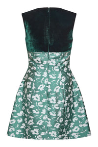 Jolie Green and White Floral Brocade Contrasting Bodice Mini Dress