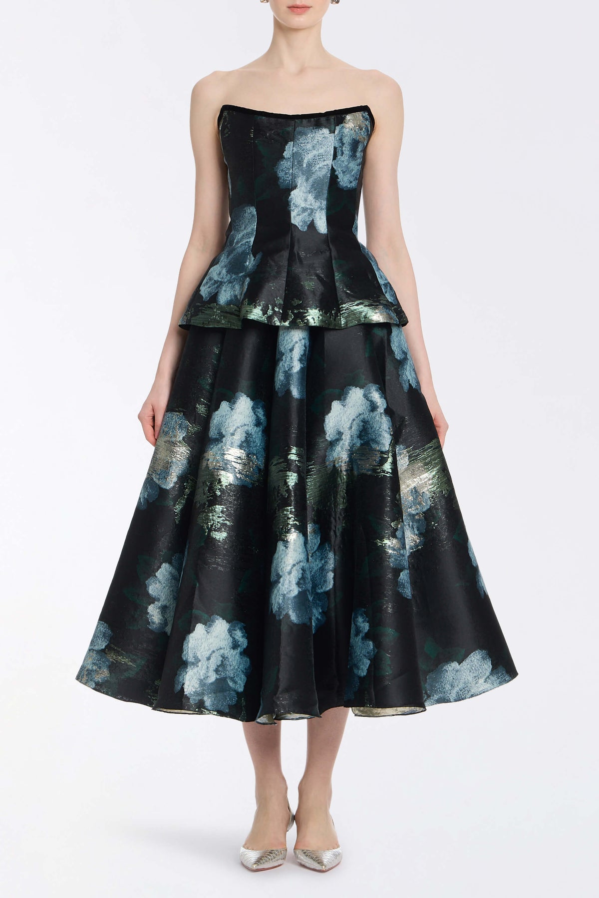 Soleil Metallic Watercolor Floral Brocade Midi Skirt