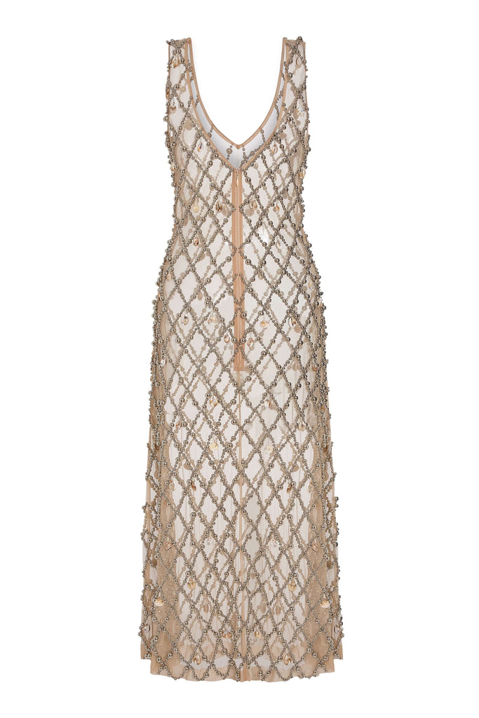 Odette Beaded Seashell Mesh Sleeveless Midi Dress