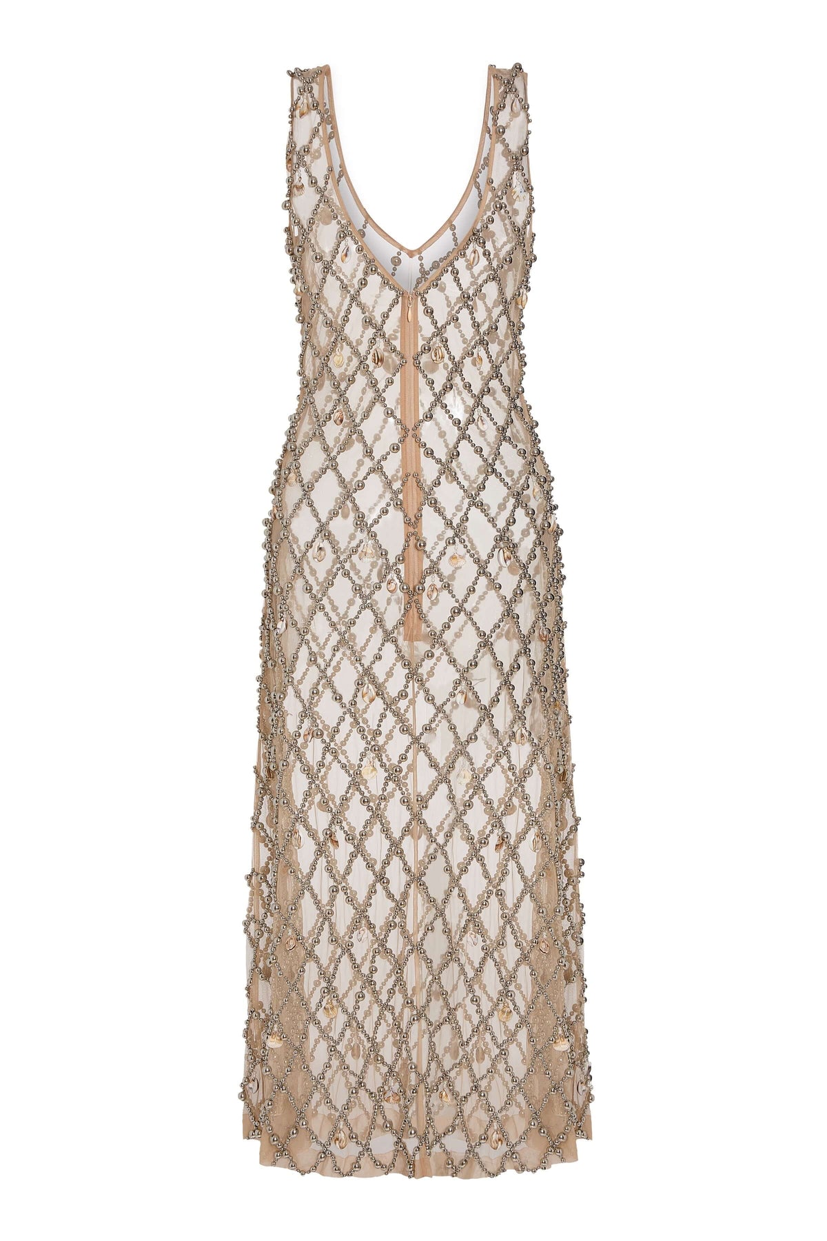 Odette Beaded Seashell Mesh Sleeveless Midi Dress
