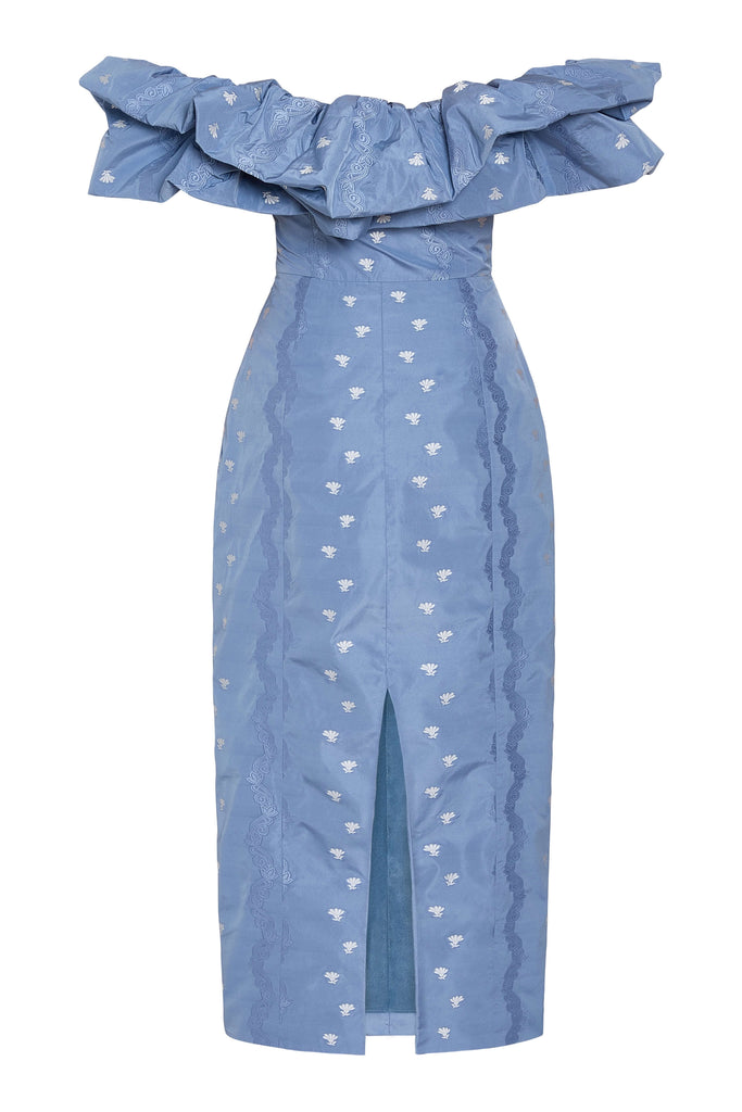 Pollyanna Wedgewood Floral Striped Taffeta Midi Dress