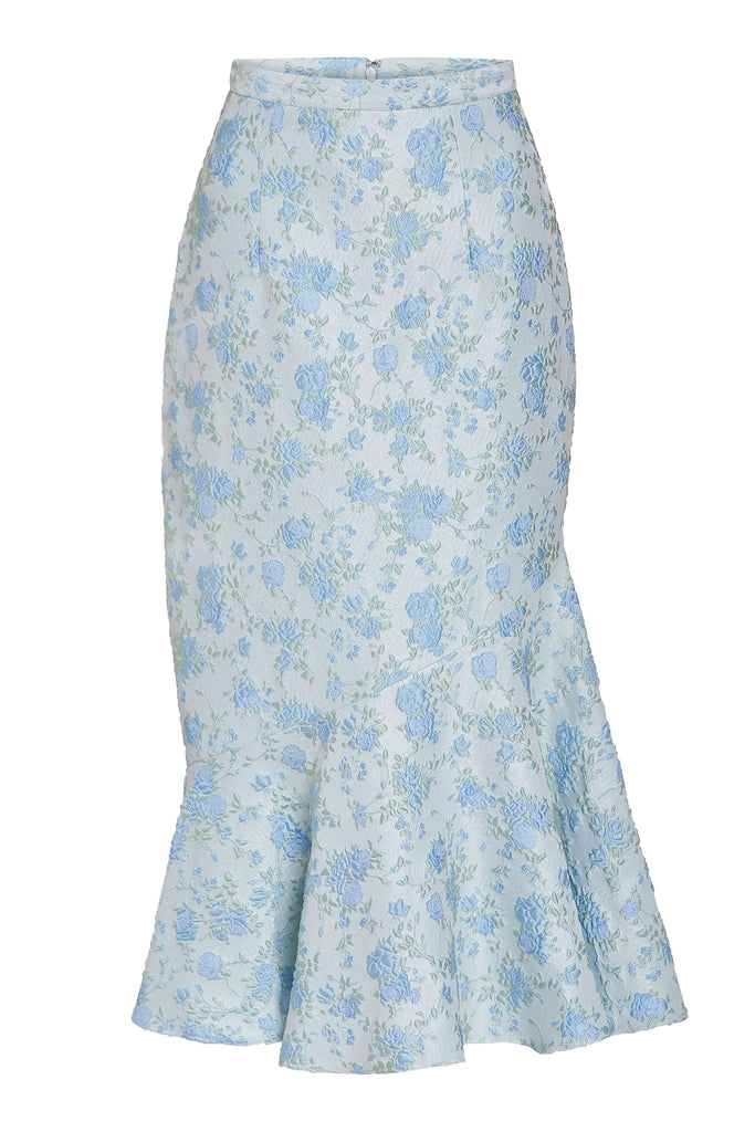 June Cornflower And Mint Brocade Asymmetric Flounce Midi Skirt