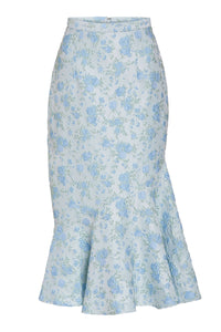 June Cornflower And Mint Brocade Asymmetric Flounce Midi Skirt