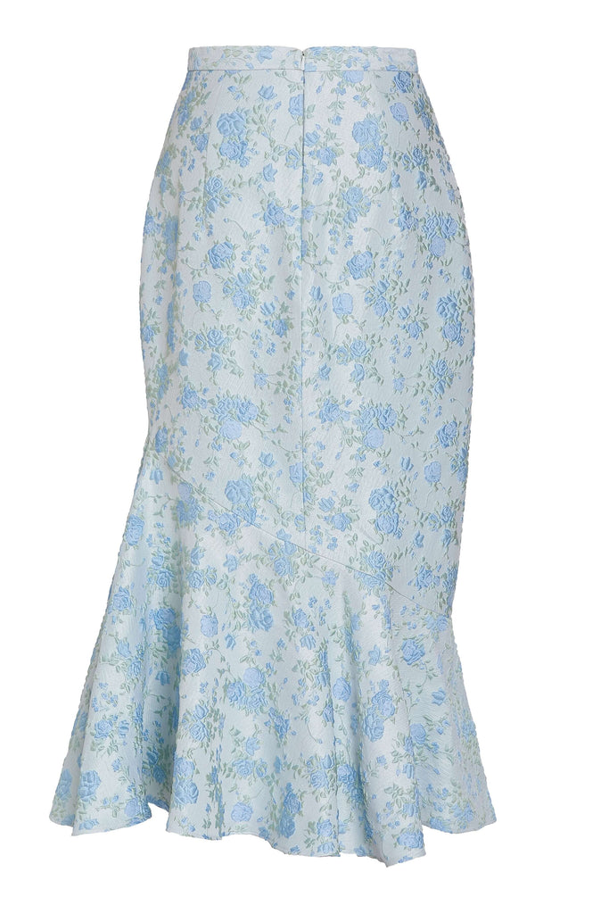 June Cornflower And Mint Brocade Asymmetric Flounce Midi Skirt