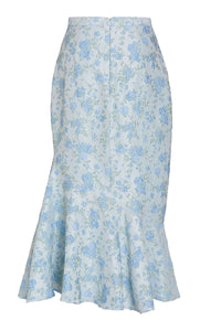 June Cornflower And Mint Brocade Asymmetric Flounce Midi Skirt