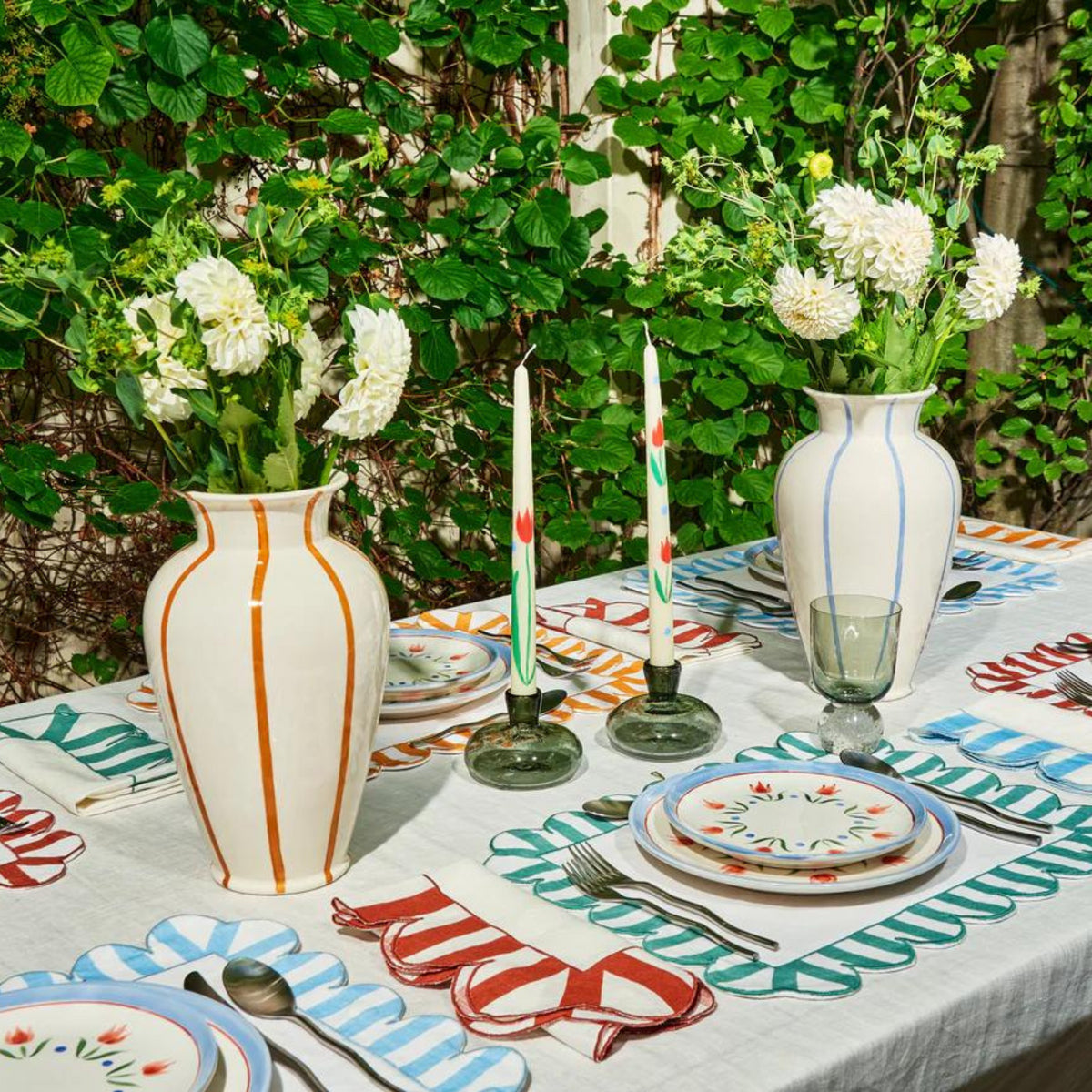 Jardin Embroidered Linen Scalloped Stripe Placemats, Set of 4