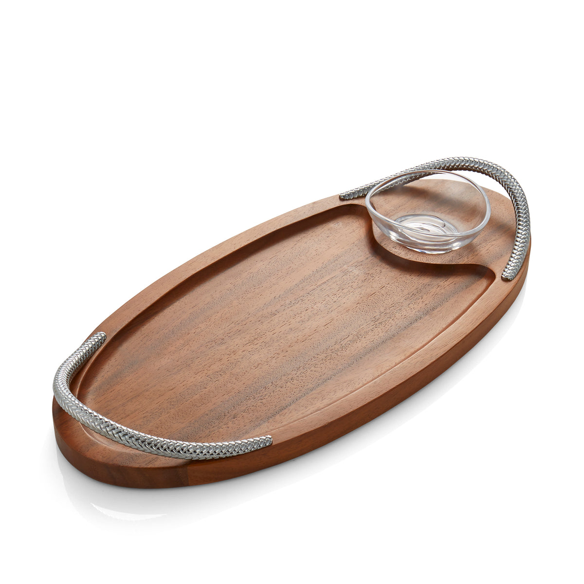 Angled view of Braid Serving Board with Dipping Dish showing acacia wood, braided chrome handles, and dipping bowl