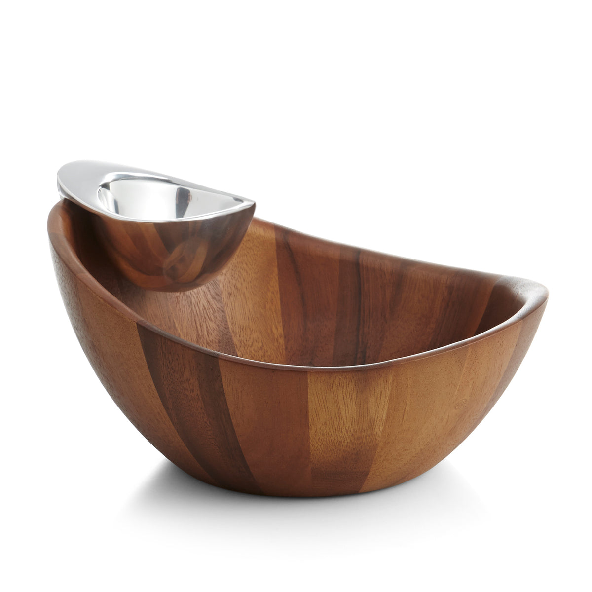 Front view of Harmony Chip & Dip showcasing removable alloy dip bowl and acacia wood bowl with white background