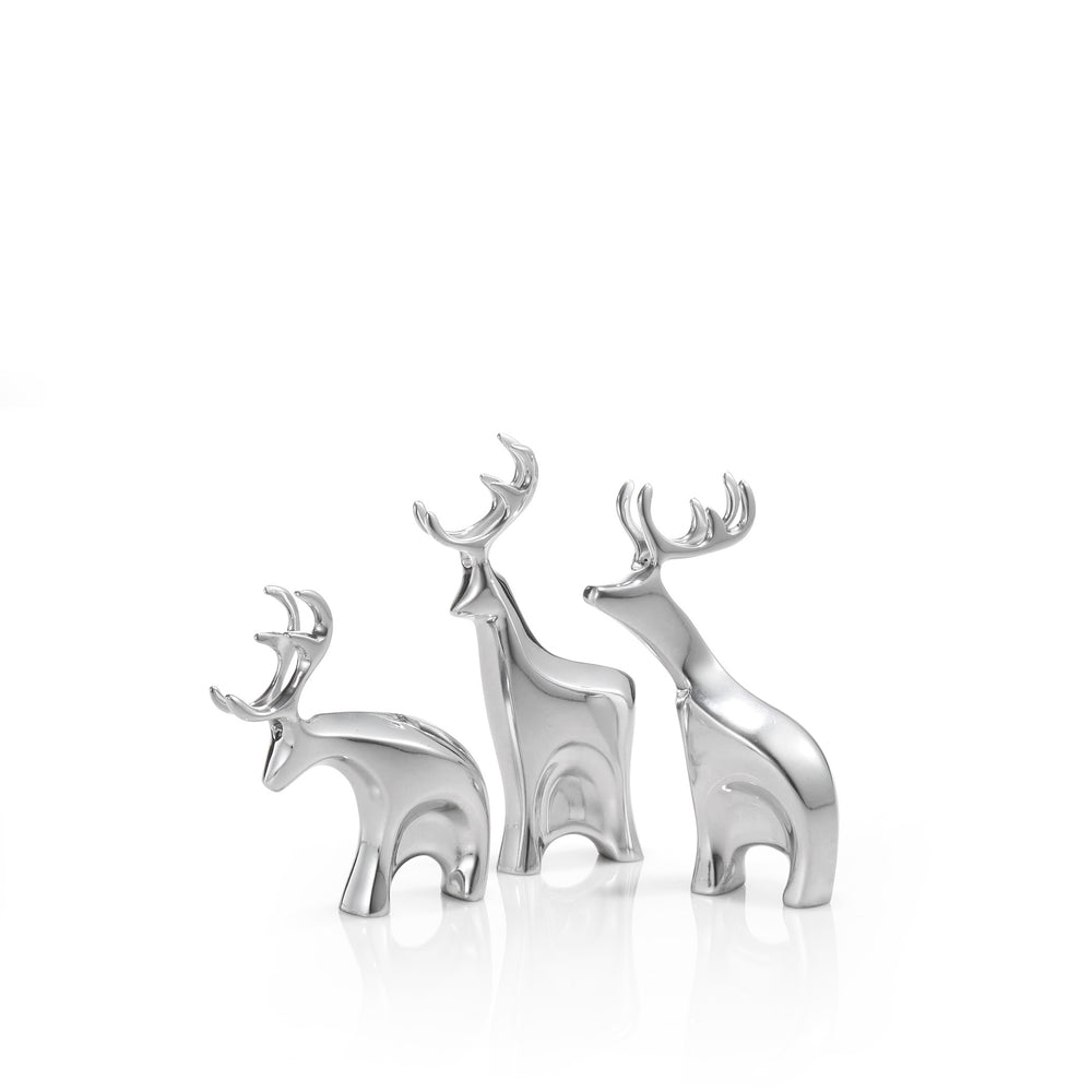 Front view of Mini Blitzen reindeer set of 3 showing polished silver finish and sculptural antlers on white background